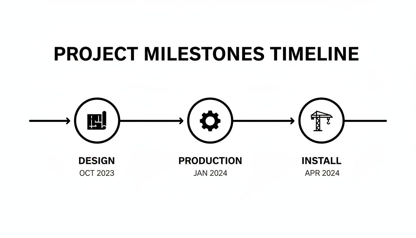 A project milestones timeline showing design, production, and installation phases with dates.
