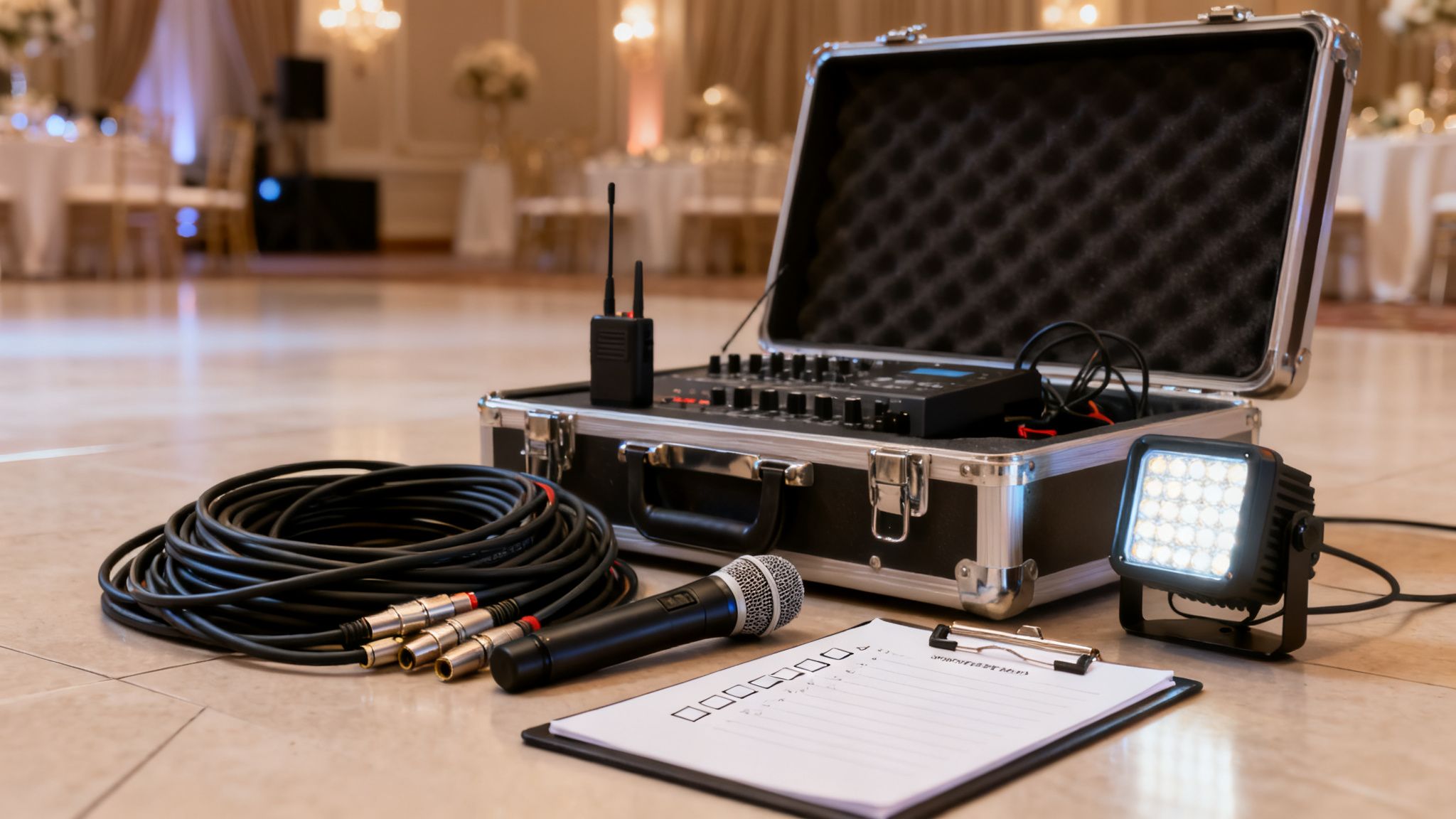 Event equipment setup with mixer, microphone, light, cables, and checklist on a floor in an event venue.