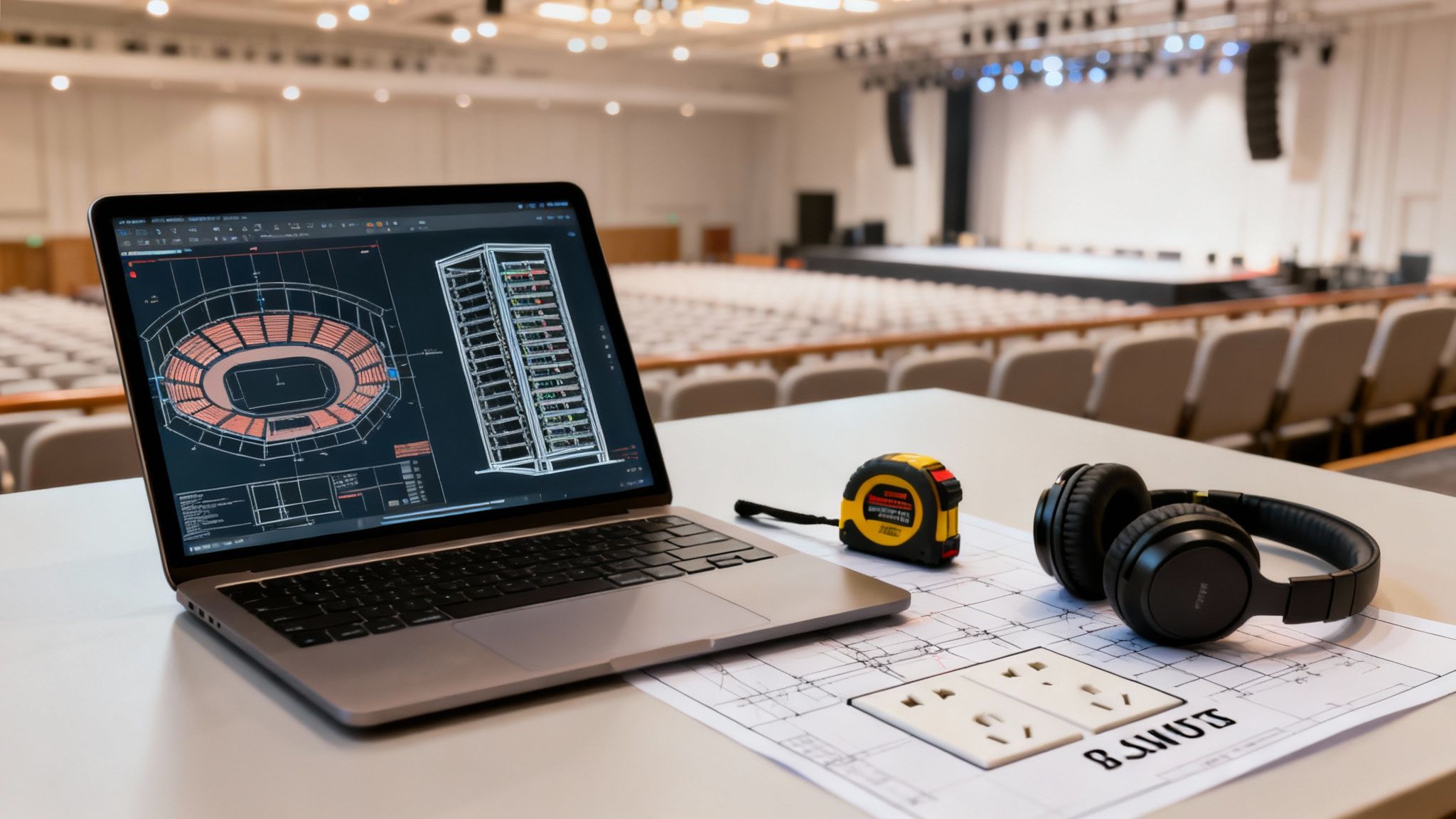 Event planner's desk with laptop, blueprints, and tools in a large, empty auditorium.
