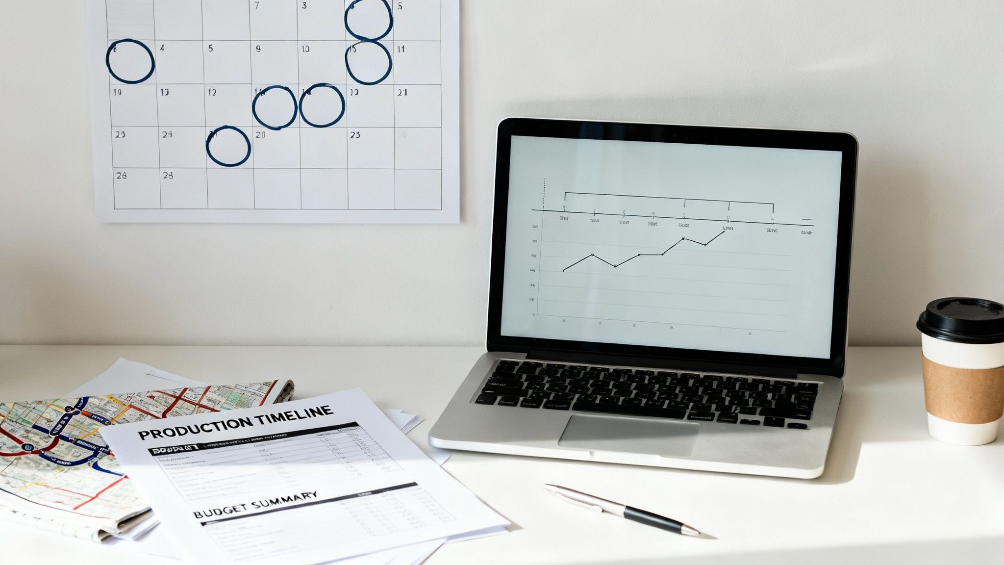 A productive desk setup with a laptop displaying a graph, a calendar with circled dates, and work documents.