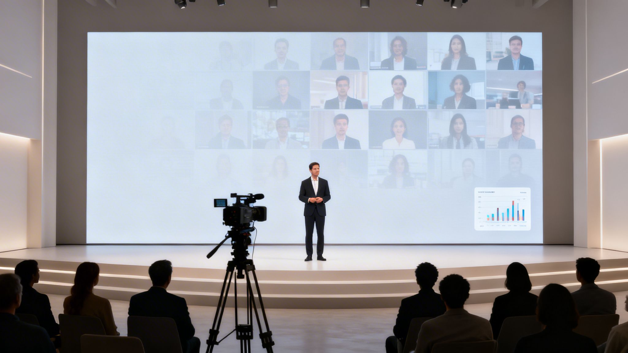 A man presents on stage with a large screen displaying a video conference and a chart.