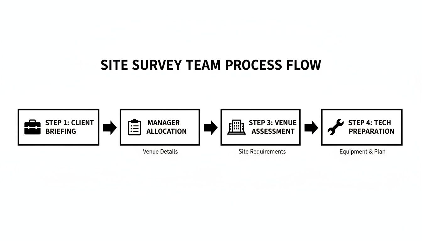 A flowchart illustrating the four-step site survey team process: client briefing, manager allocation, venue assessment, and tech preparation.