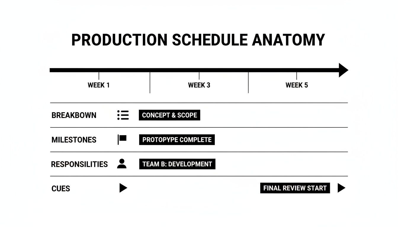 A production schedule anatomy chart showing a timeline with breakdown, milestones, responsibilities, and cues.