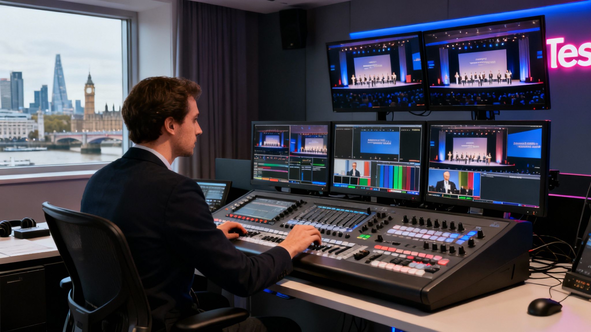 Professional operating a live event streaming control desk with a London city view.