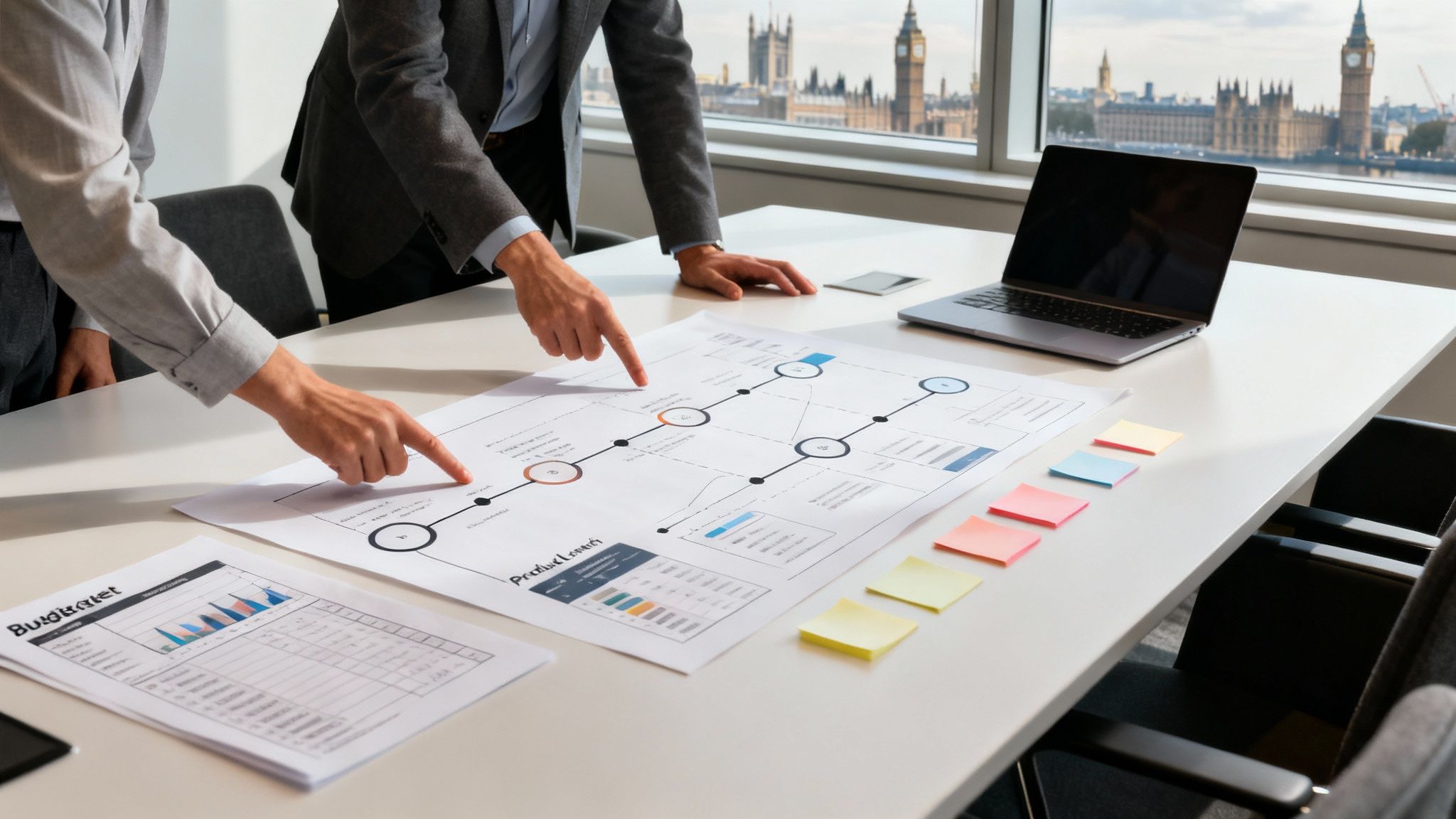 Two business professionals discussing a product launch plan on a table with a laptop, overlooking London.