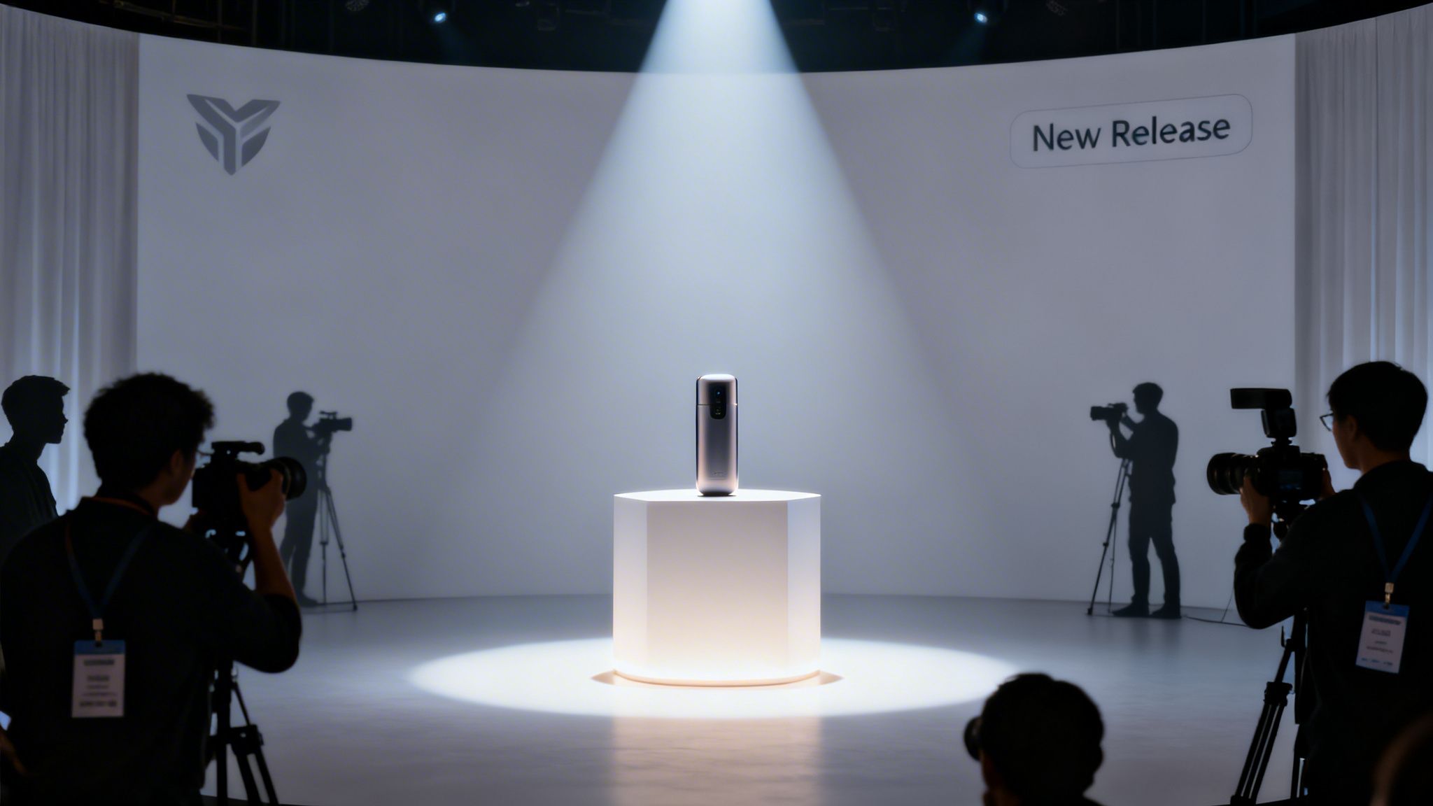 A product launch event with a new device on a pedestal under a spotlight, surrounded by photographers.