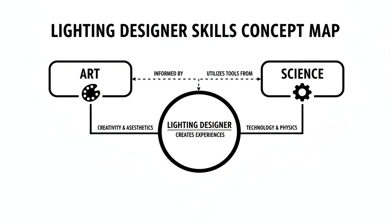 A concept map illustrating how a lighting designer combines art (creativity, aesthetics) and science (technology, physics) to create experiences.