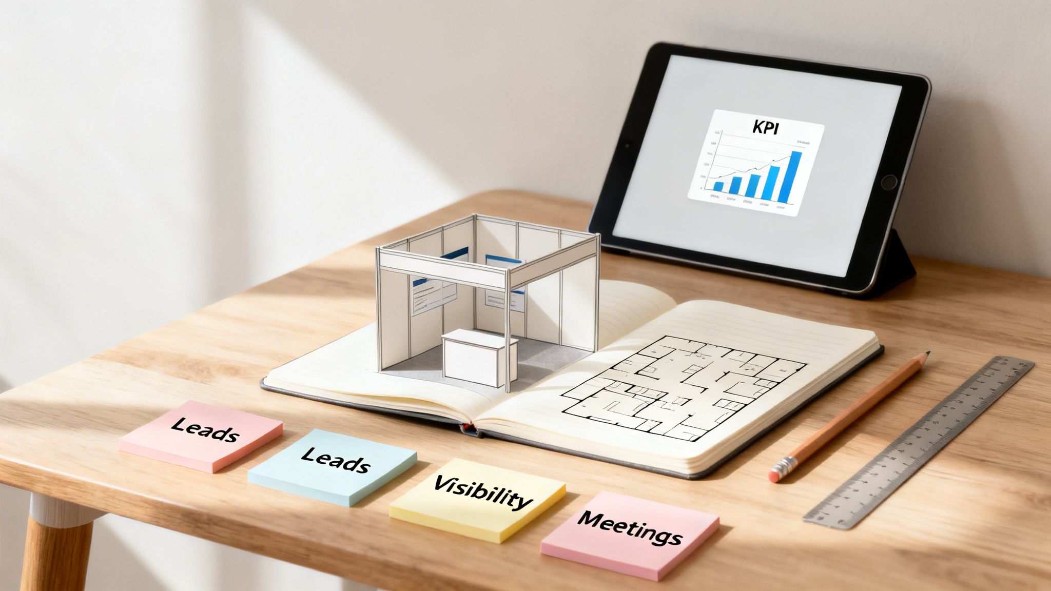 Desk with an exhibition booth paper model, floor plan, KPI tablet, and sticky notes for planning.