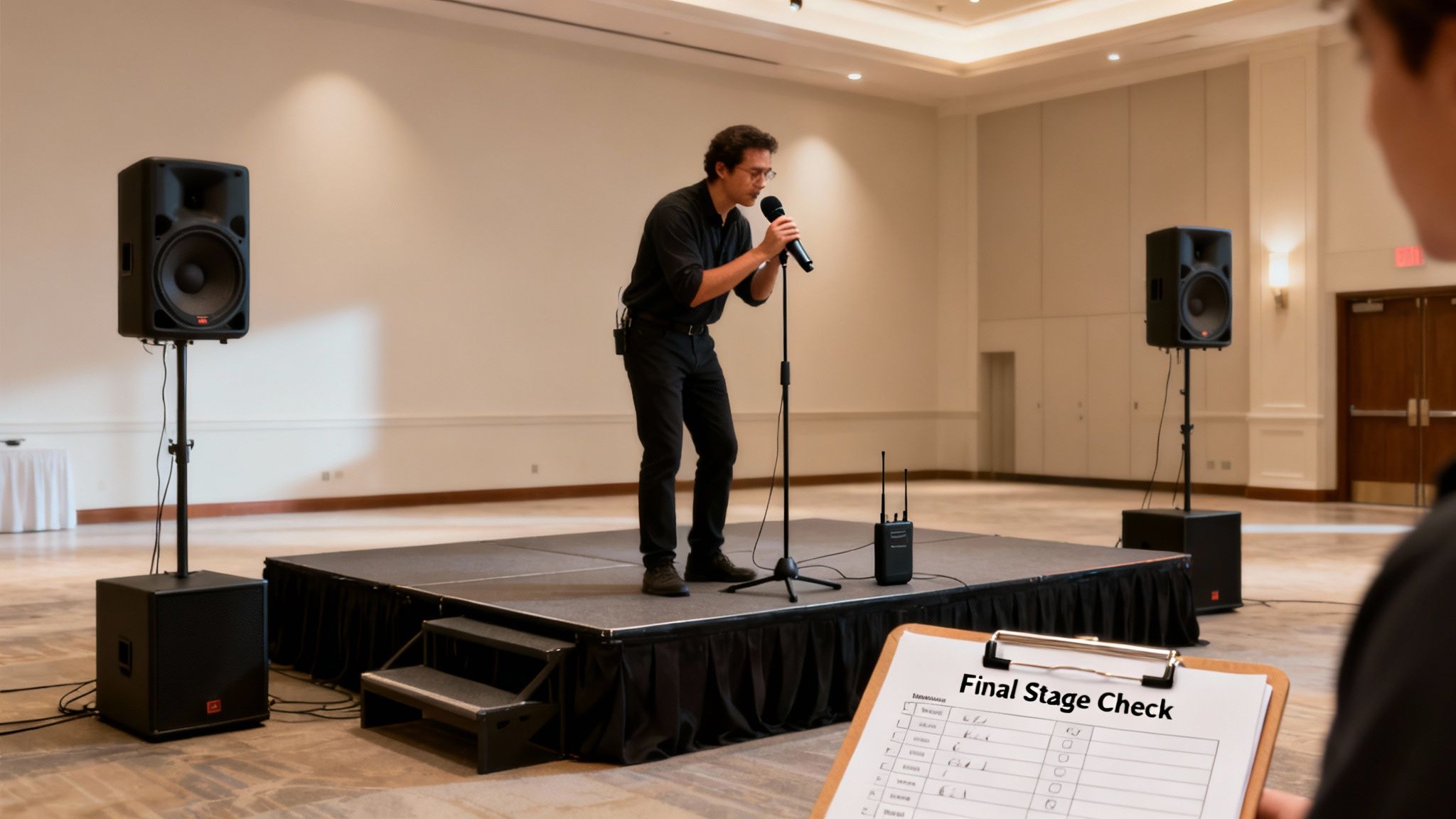 A man performs a sound check on a stage with professional audio equipment as a crew member reviews a 'Final Stage Check' checklist.