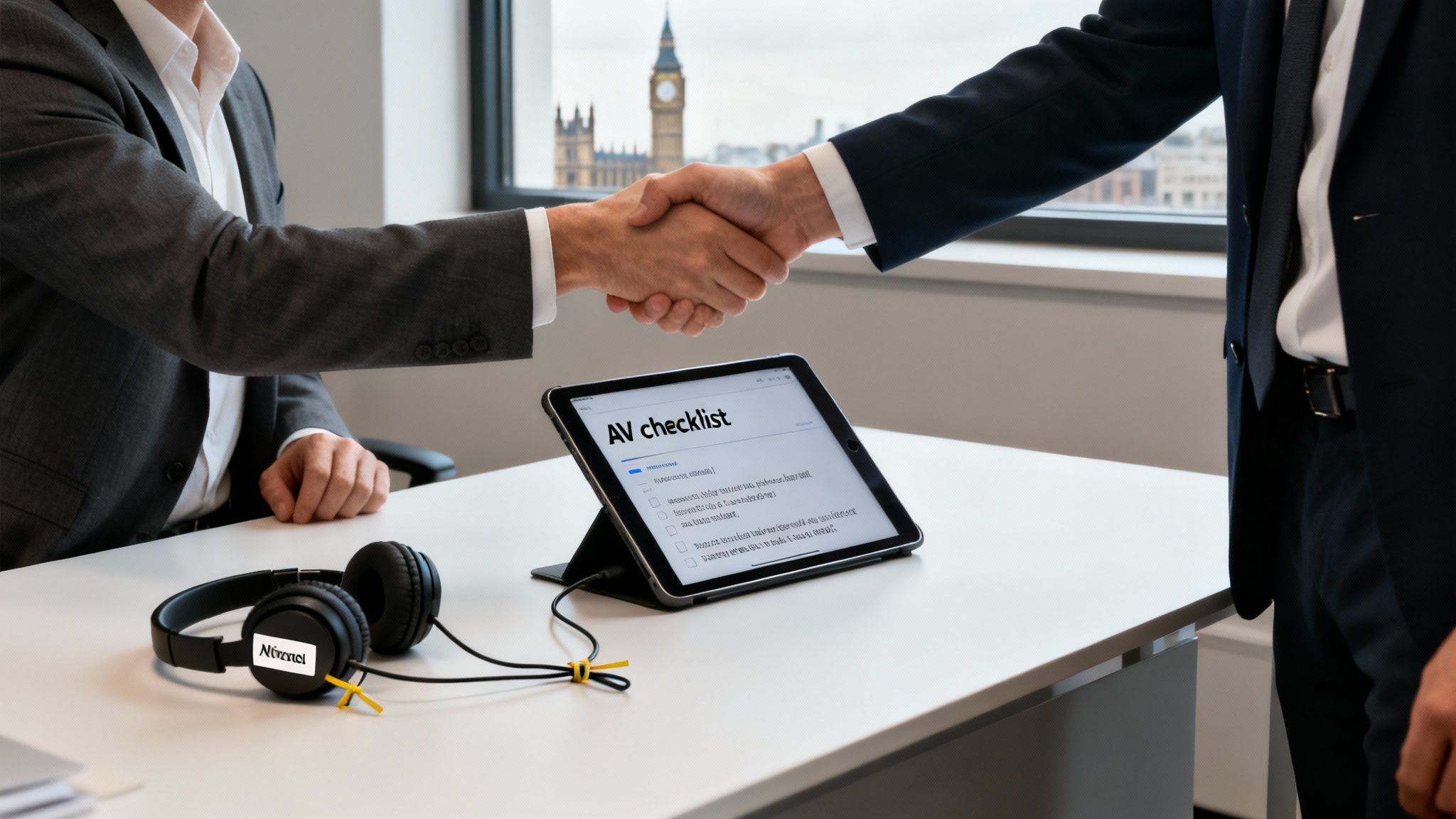 Businessmen shake hands over a tablet displaying an 'AV checklist' and headphones, in a London office.