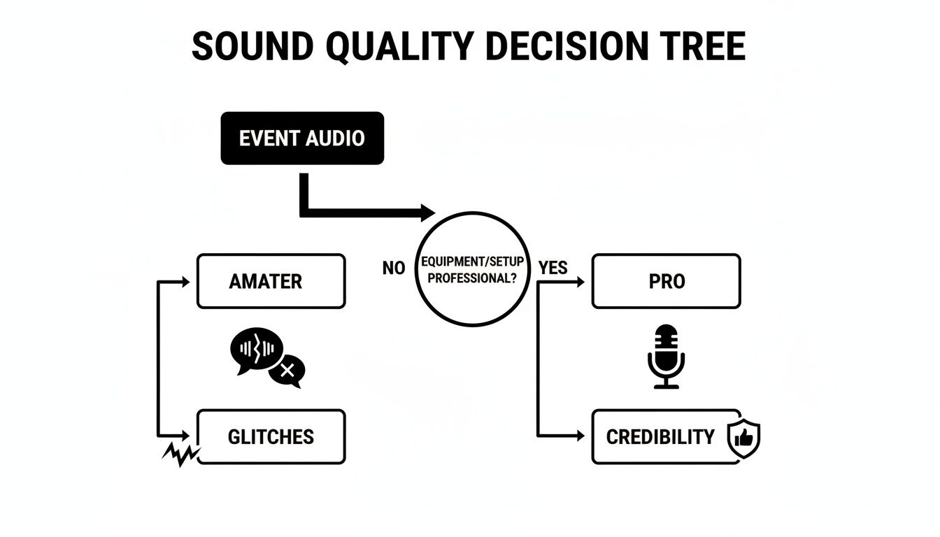 A sound quality decision tree for event audio, showing professional setup leads to credibility, while amateur setup results in glitches.