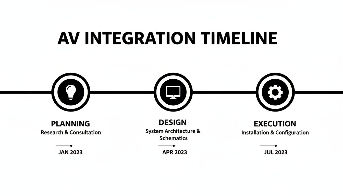 An AV integration timeline detailing planning, design, and execution stages with corresponding dates and icons.
