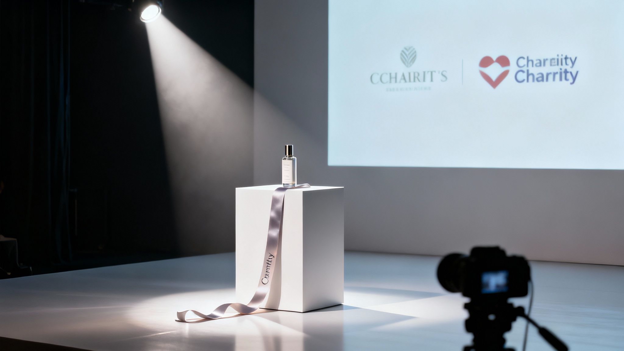 A perfume bottle on a white pedestal illuminated by a spotlight at a charity event.
