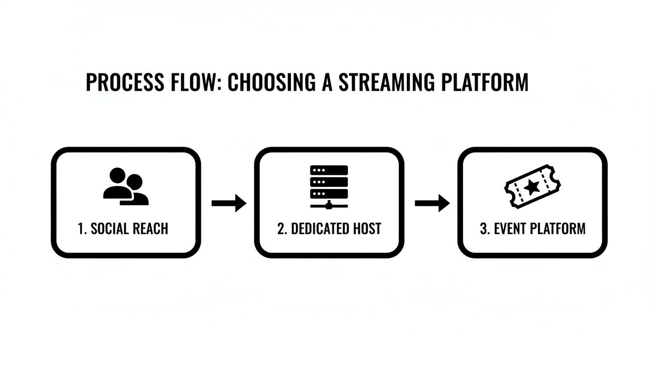 Process flow diagram illustrating three steps for choosing a streaming platform: social reach, dedicated host, and event platform.