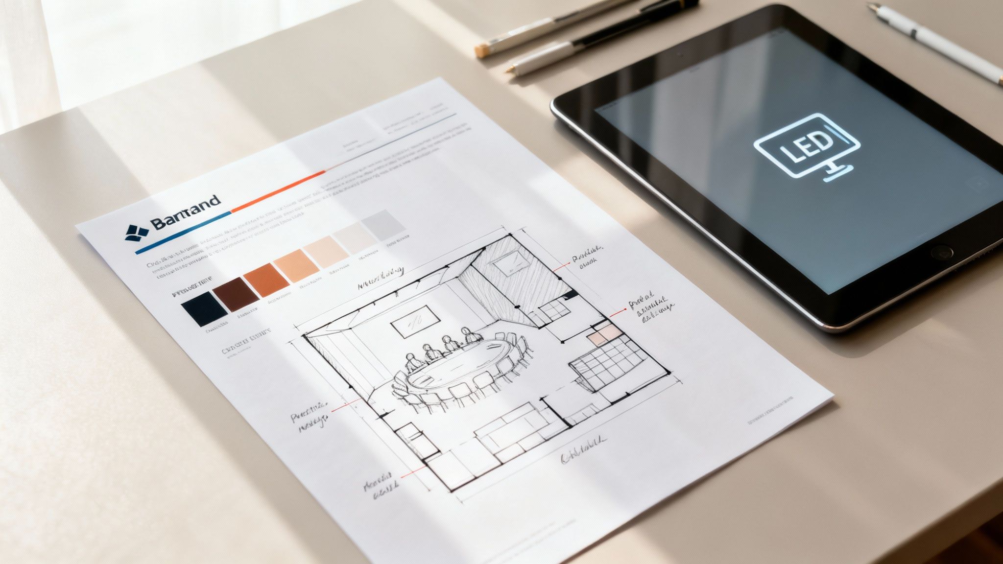 A flat lay of an exhibition stand design document, color palette, sketch, and a tablet.