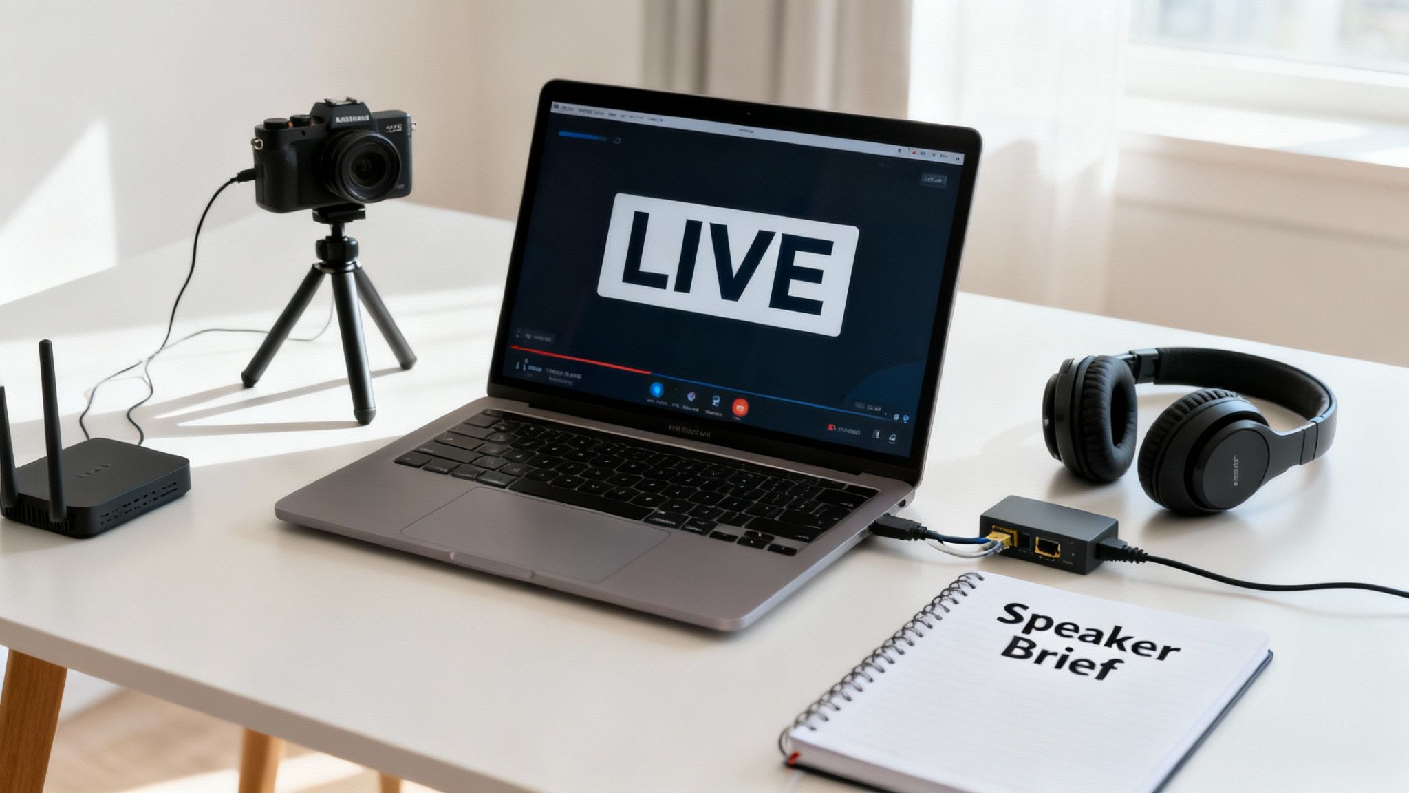 A live streaming setup with a laptop displaying 'LIVE', camera, router, headphones, and a 'Speaker Brief' notebook.