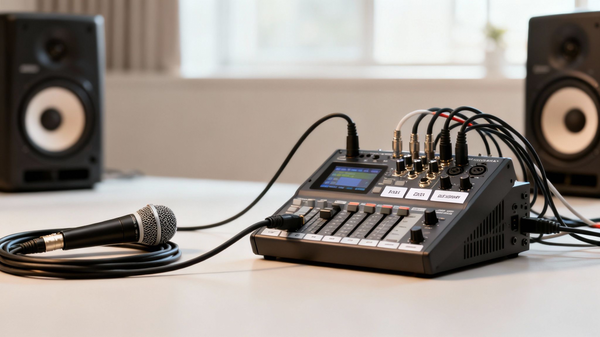 A close-up shot of a digital mixing desk with a microphone and studio monitors on a white table.