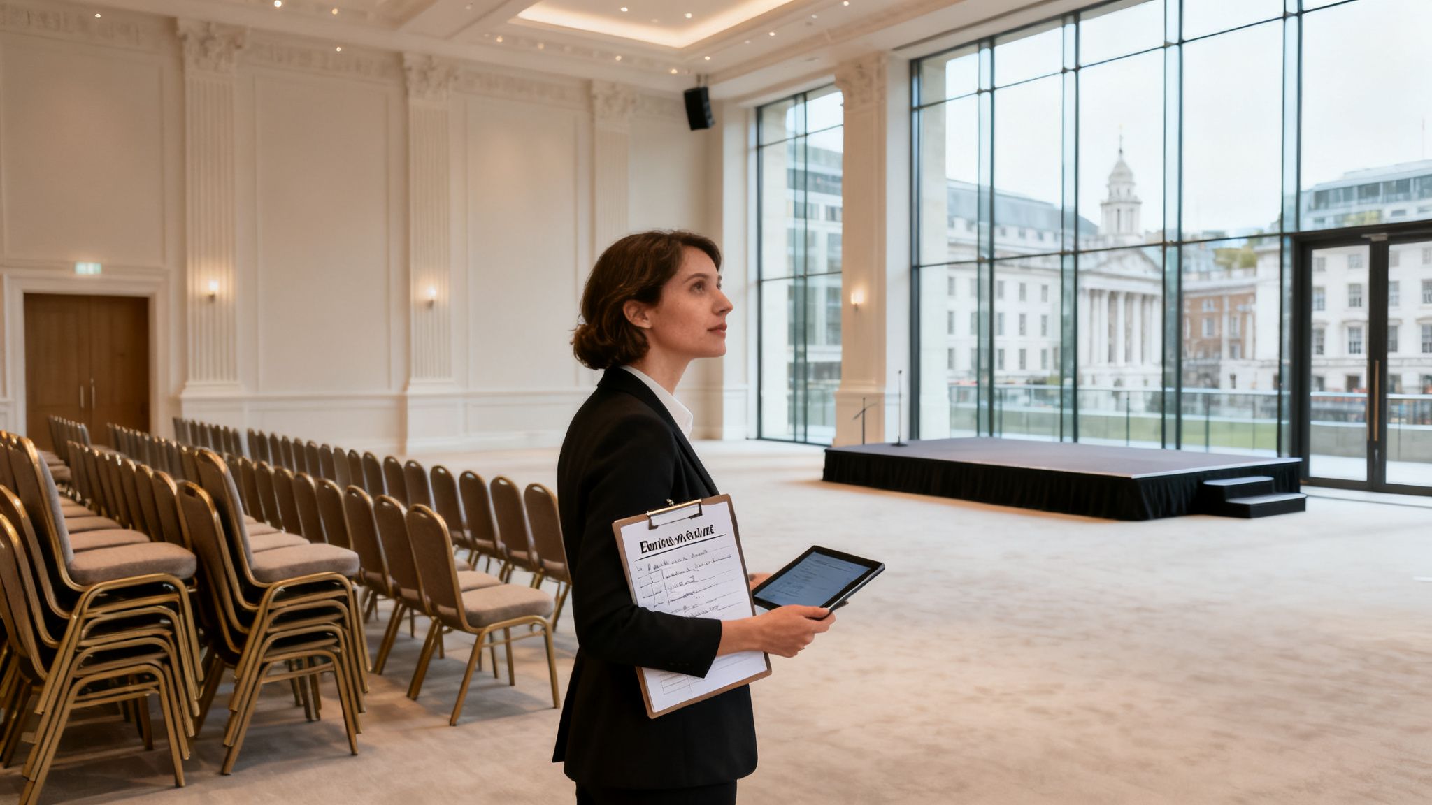 A woman reviews plans in an empty event hall with stacked chairs and a stage, preparing for a conference.