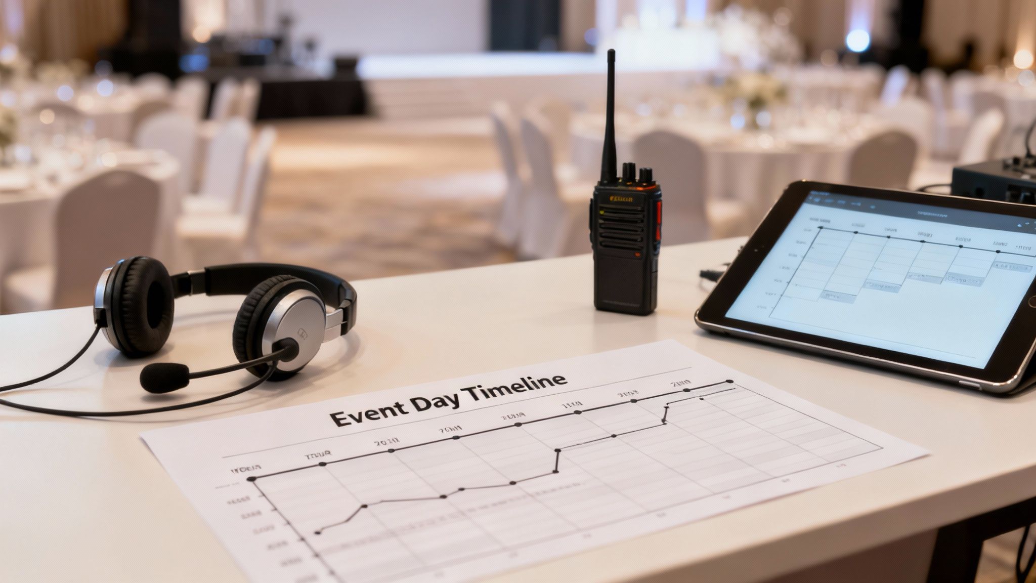 Event planner's table with headset, walkie-talkie, timeline, and tablet in a large event hall.