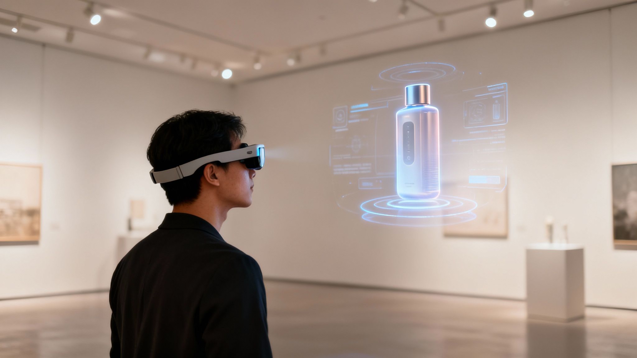 A person wearing mixed reality glasses viewing a holographic product display in an art gallery.