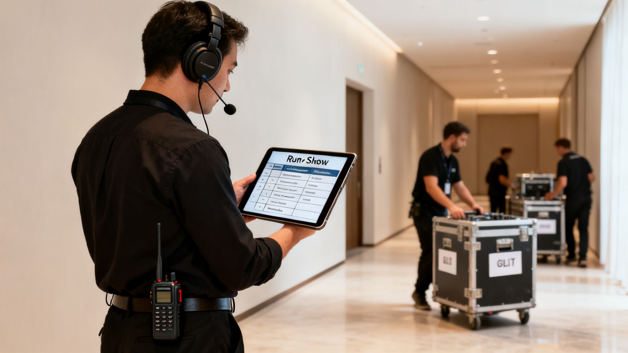 An event crew member reviews a 'Run-Show' schedule on a tablet while other crew members move equipment cases.