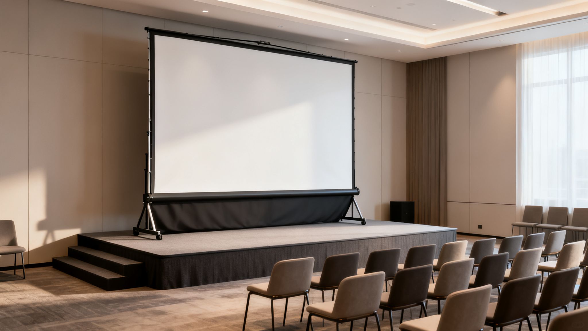 An empty, modern event space with a large projection screen on a stage and audience chairs.