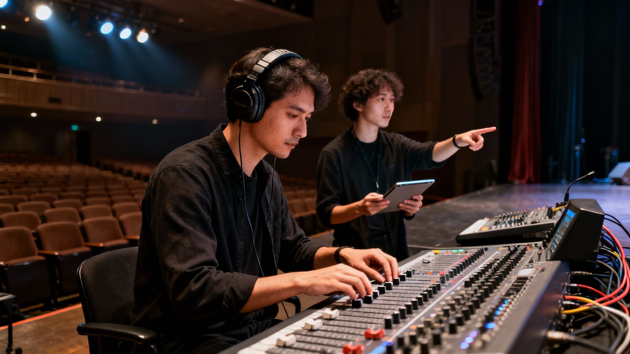 Two sound technicians adjusting an audio mixer with a tablet in an empty theater.