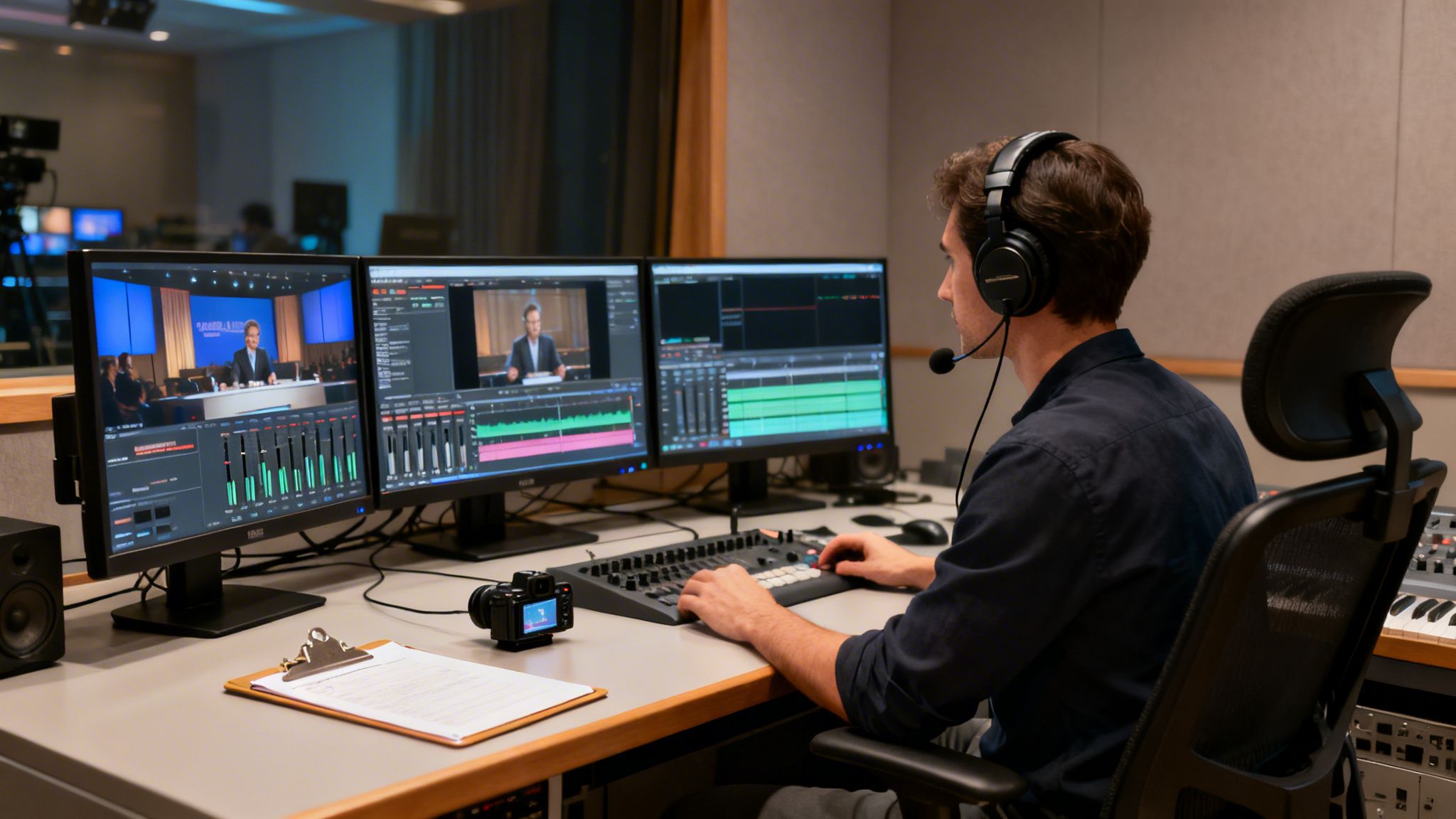 A person in a studio setting, wearing headphones, operating video and audio equipment for a live streaming event.