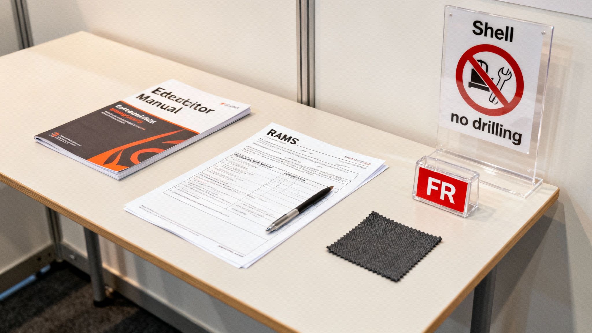 A table at an exhibition stand displays a manual, RAMS document, fabric swatch, and 'no drilling' sign.