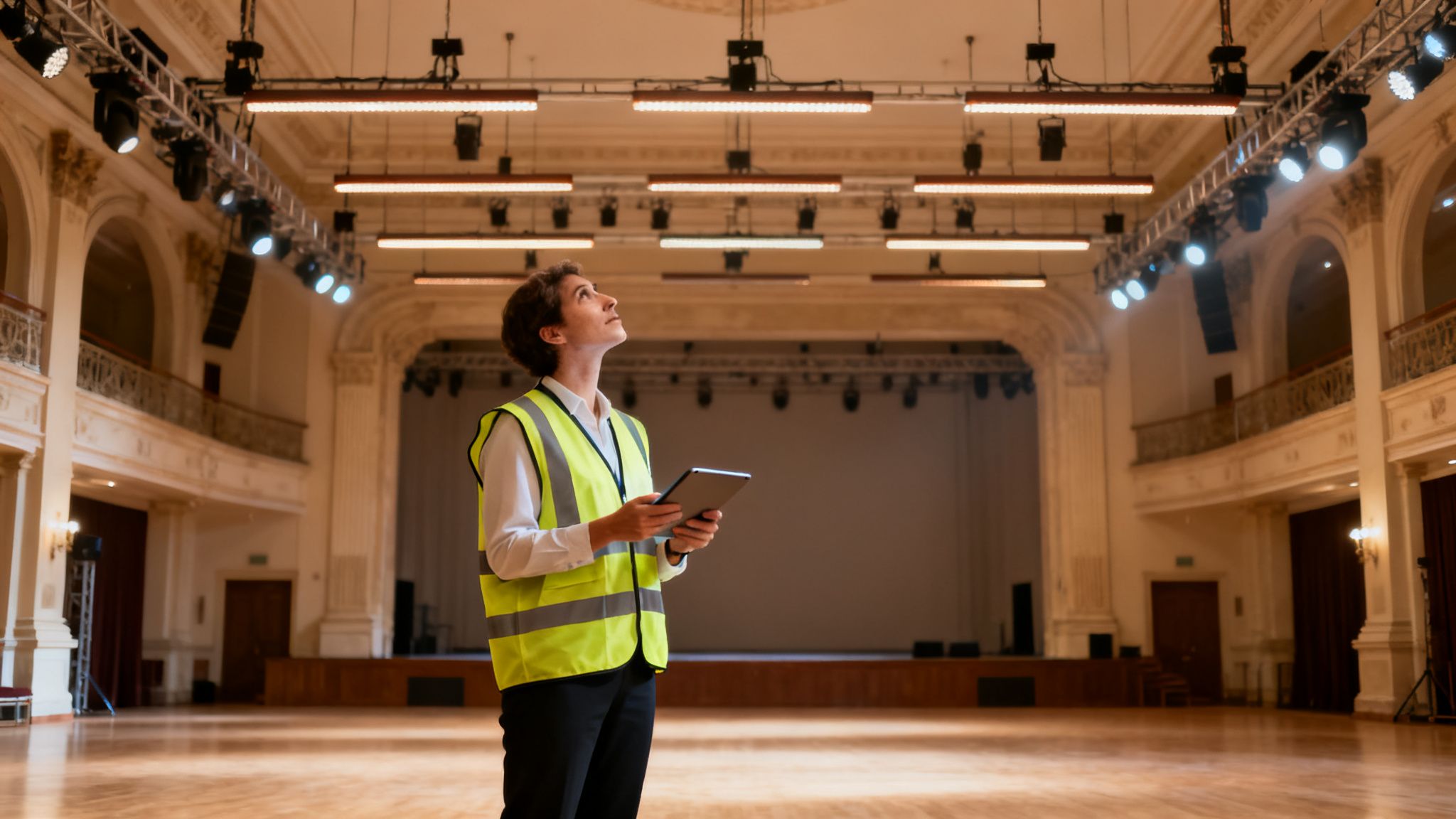 A woman in a safety vest holding a tablet inspects the ceiling lights of an empty event hall.