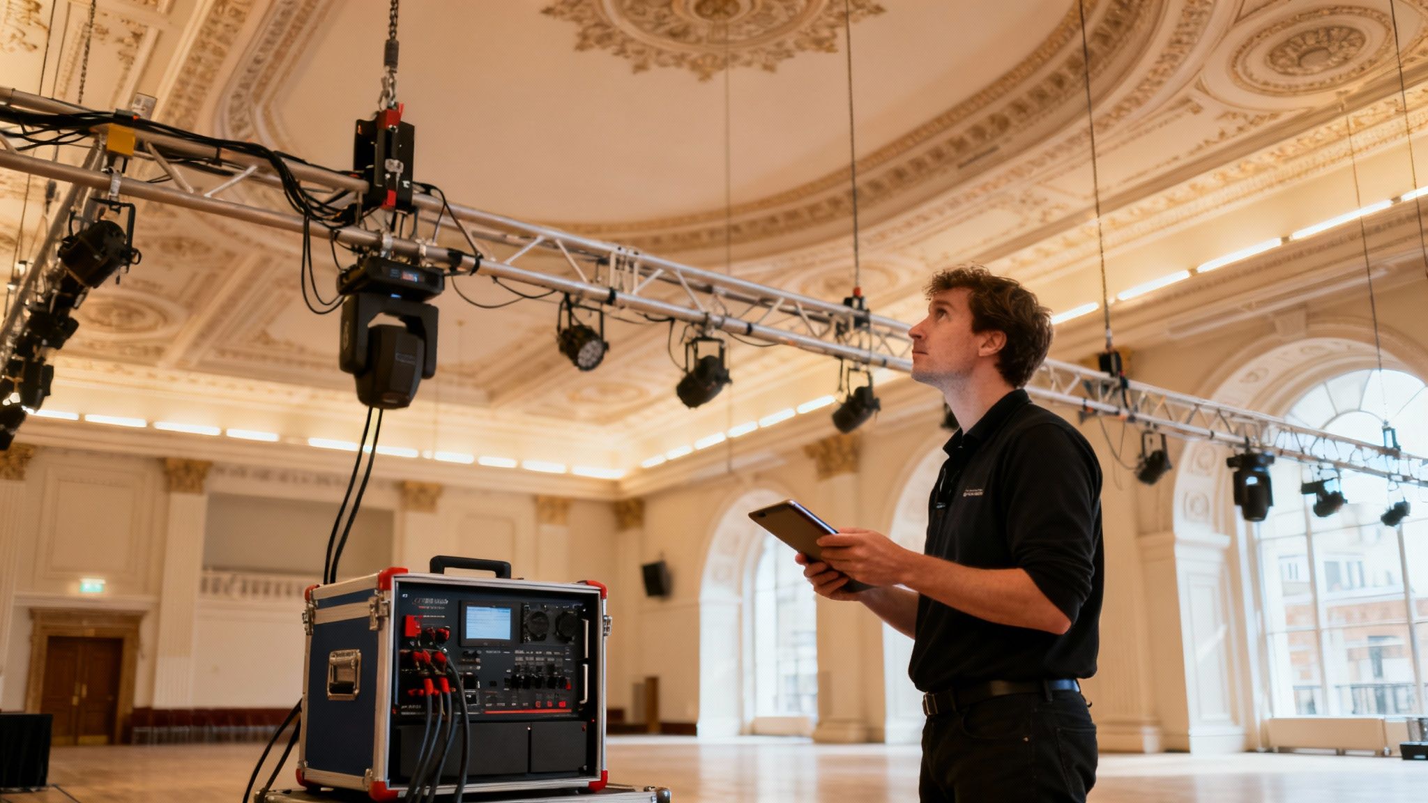 An AV technician adjusts stage lighting in a grand hall, holding a tablet near control equipment.