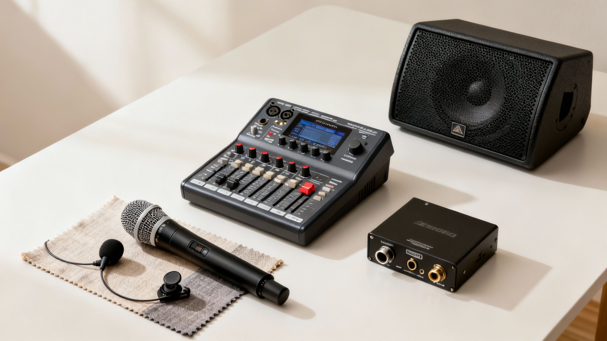 A collection of professional audio equipment including a mixer, speaker, microphones, and audio interface.