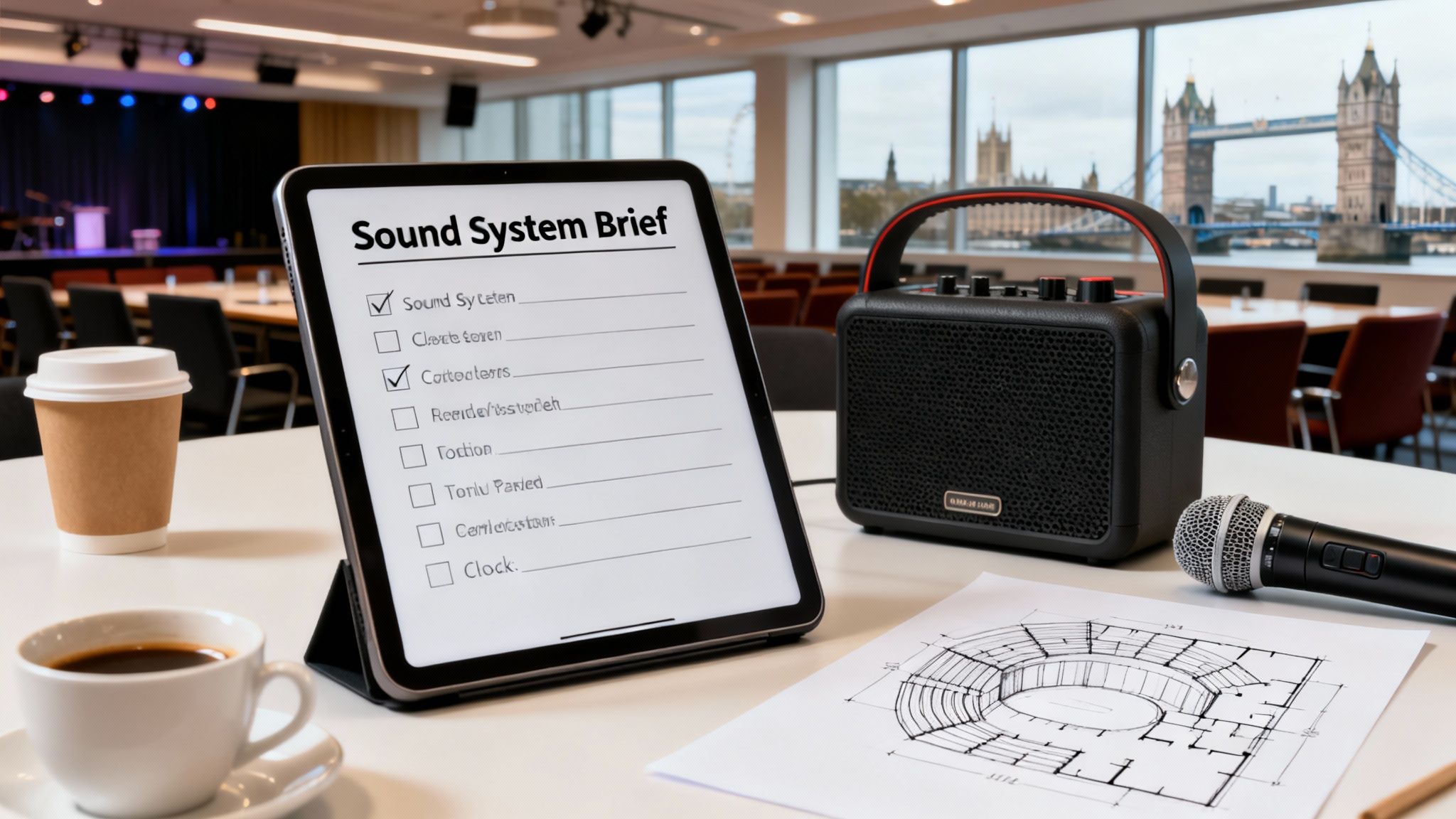 A tablet with a 'Sound System Brief' checklist, speaker, microphone, and event blueprint on a table overlooking Tower Bridge.