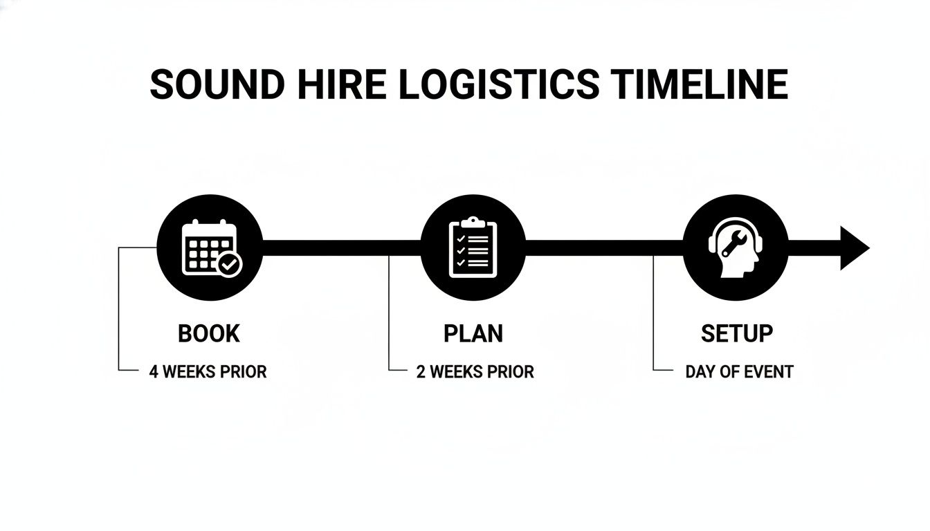 Sound hire logistics timeline showing stages: Book (4 weeks prior), Plan (2 weeks prior), Setup (Day of event).