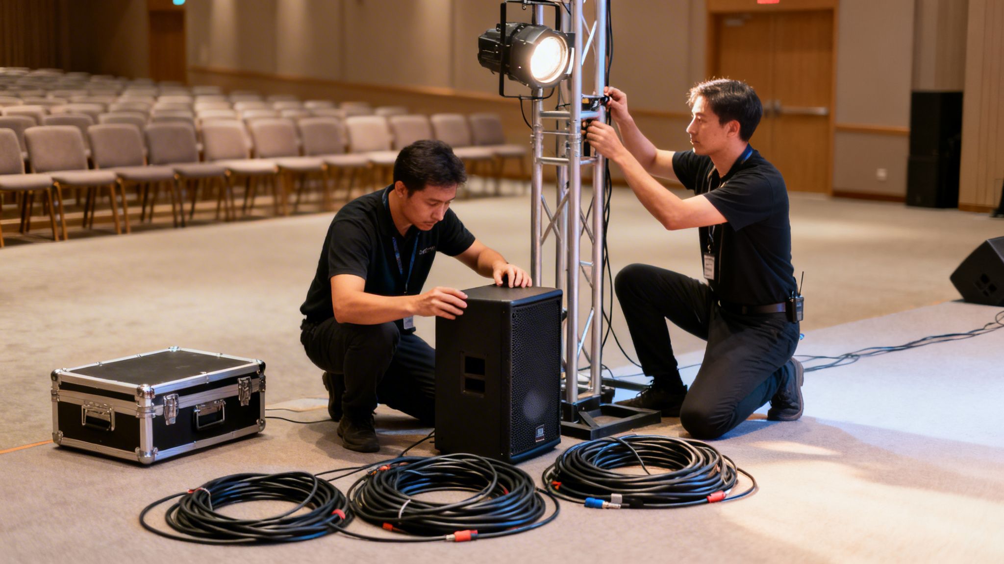 Two technicians setting up stage lights, speakers, and cables for an event in an empty conference room.