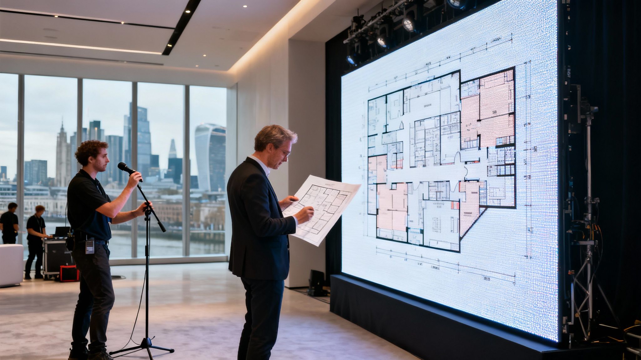 Two men with audio-visual equipment in a modern London venue, one comparing blueprints to a large screen display.