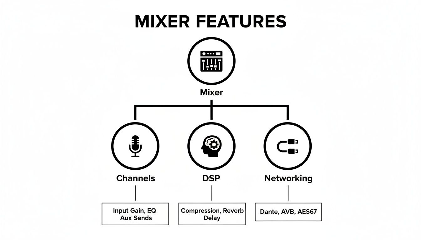 Diagram showing mixer features: channels, DSP, and networking capabilities with detailed examples.