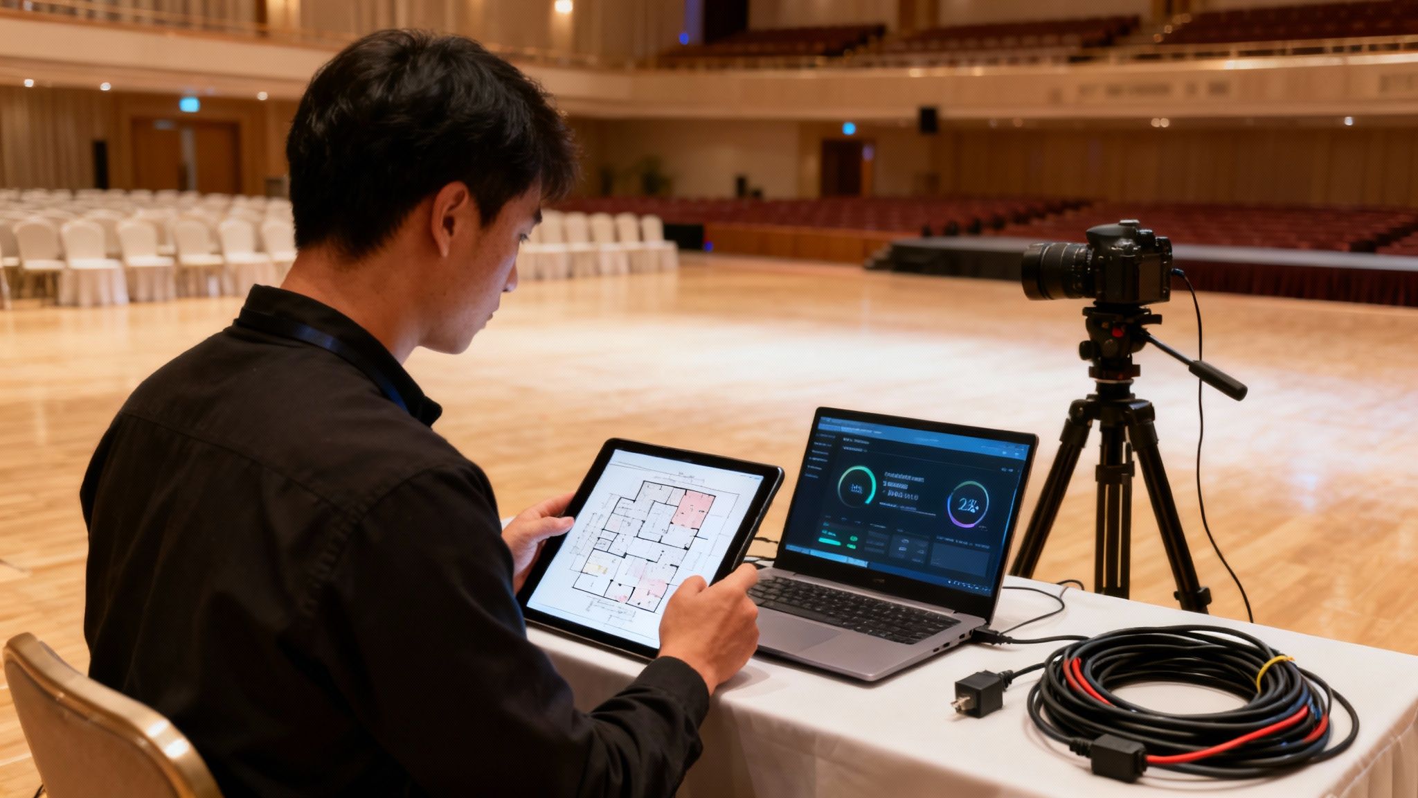 A technician uses a tablet and laptop to manage event production with a camera setup.