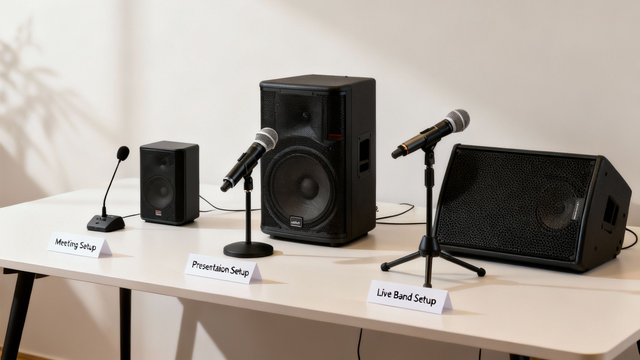 Three distinct sound system setups for meetings, presentations, and live bands, displayed on a white table.
