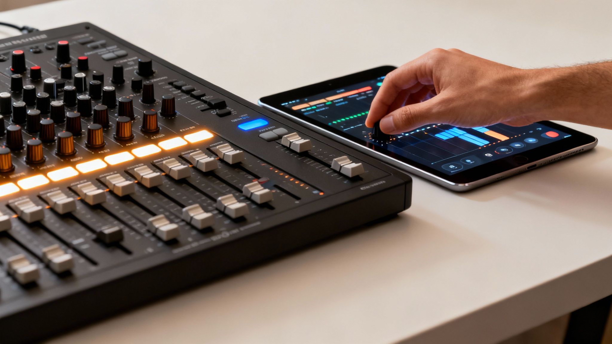 A person's hand adjusts controls on a tablet next to an illuminated digital audio mixing desk.