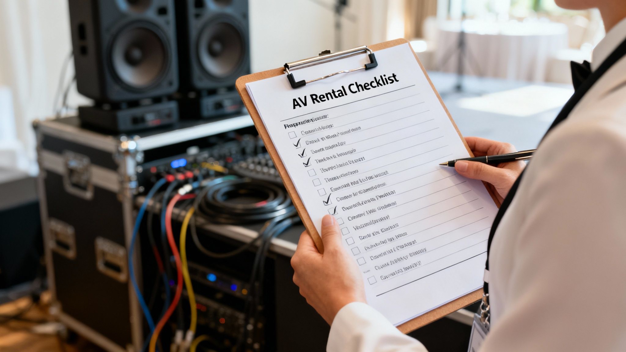 Person checking off an AV rental checklist on a clipboard with sound system equipment in the background.