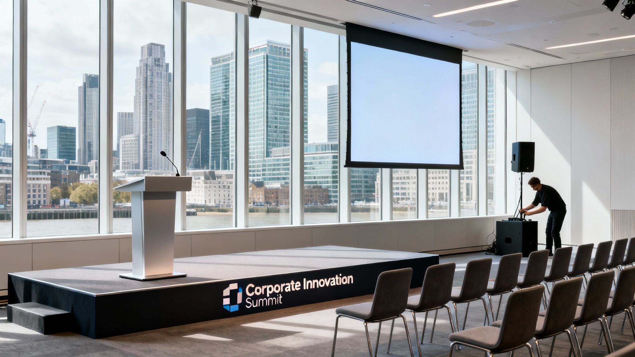 Modern conference room with a stage, projection screen, and technician setting up AV equipment for a London event.