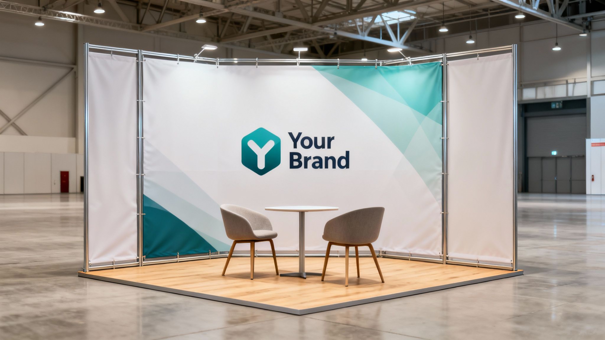 A modern shell scheme exhibition stand with 'Your Brand' logo, a table, and two chairs in a large hall.