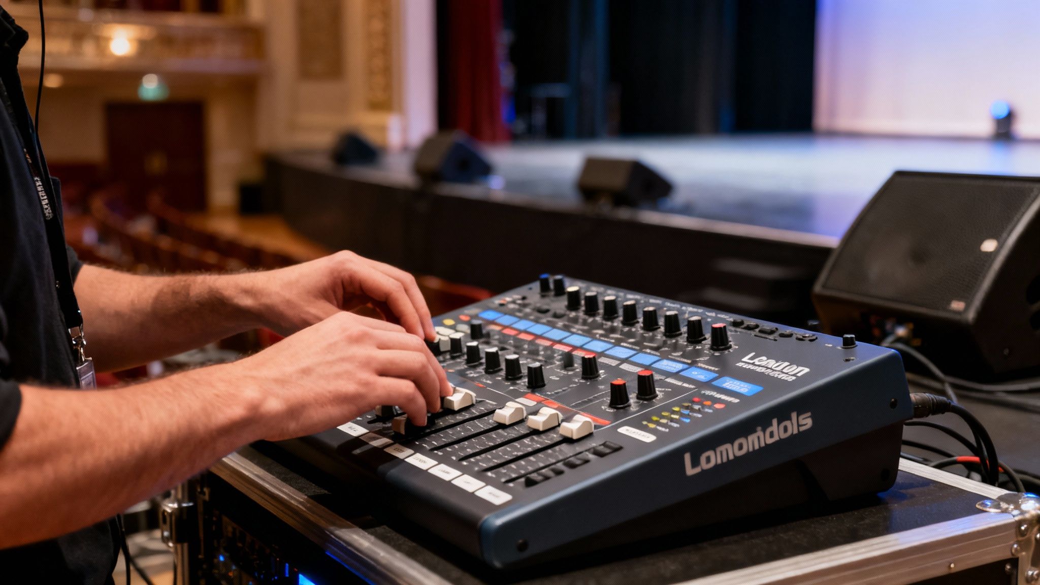 Hands adjusting a professional sound mixing console in a performance venue with a stage.