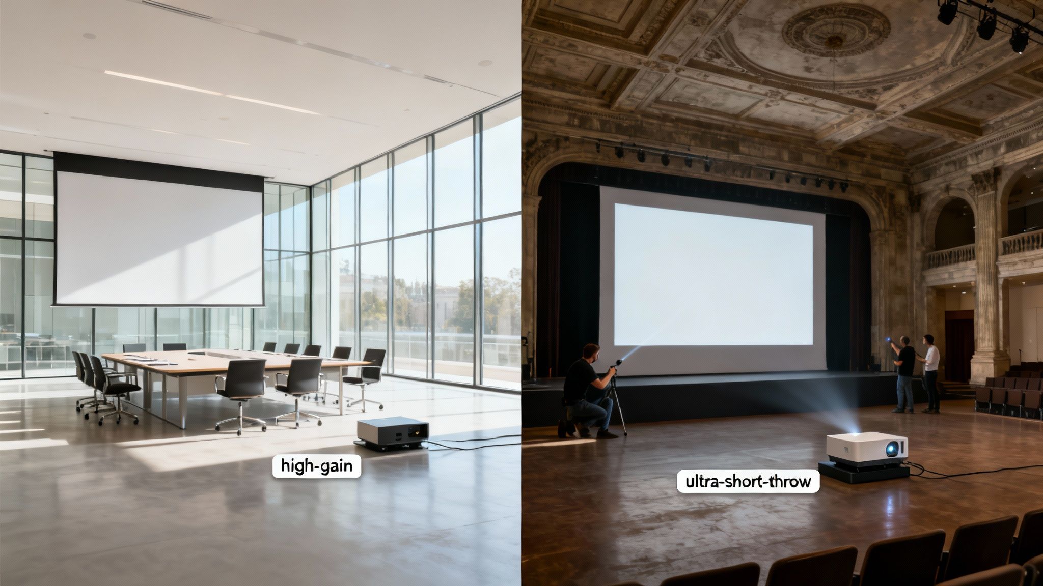Different projection setups: high-gain screen in a conference room and ultra-short-throw projector in an event hall.