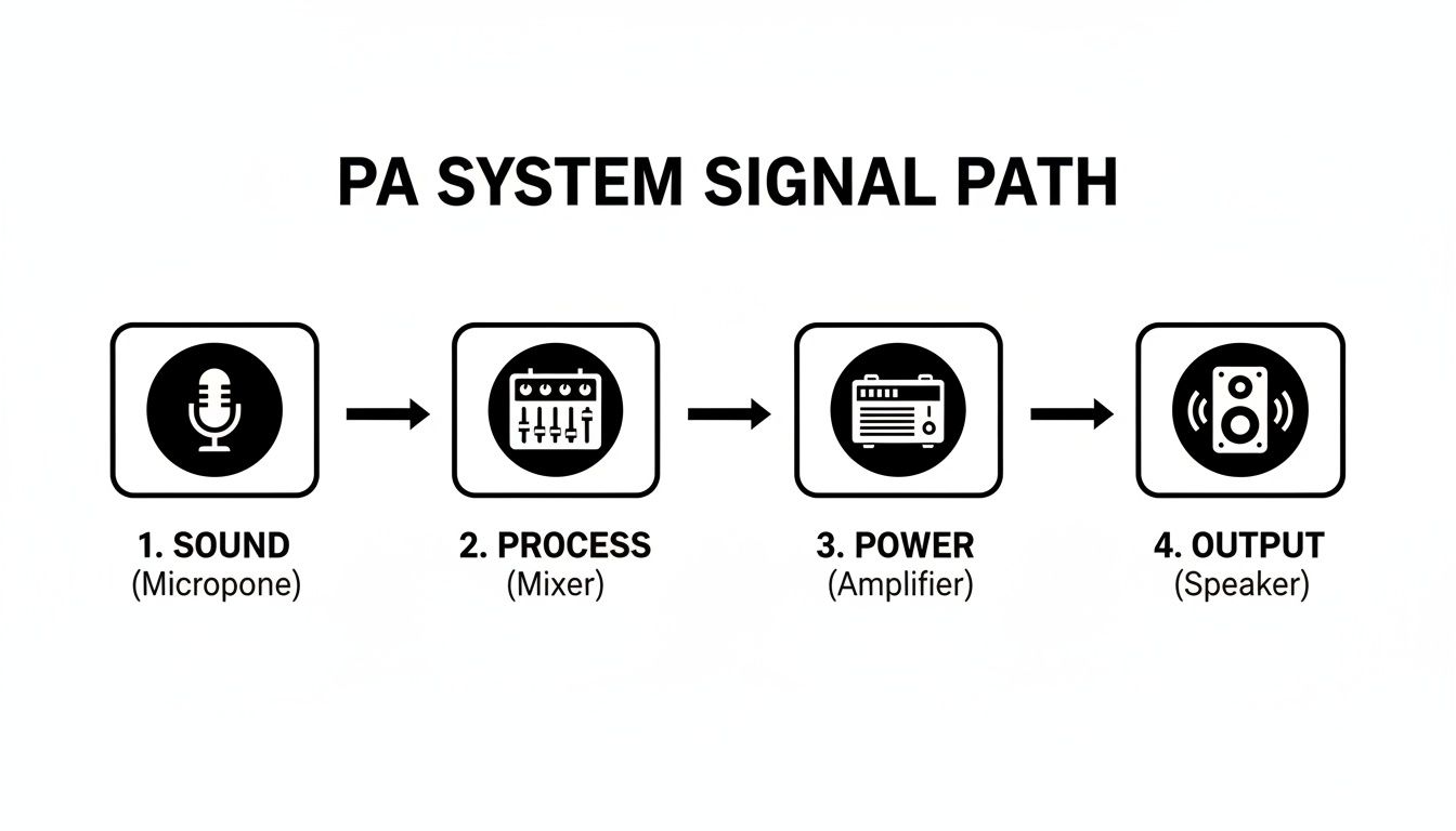 Diagram illustrating the PA system signal path: microphone, mixer, amplifier, and speaker.