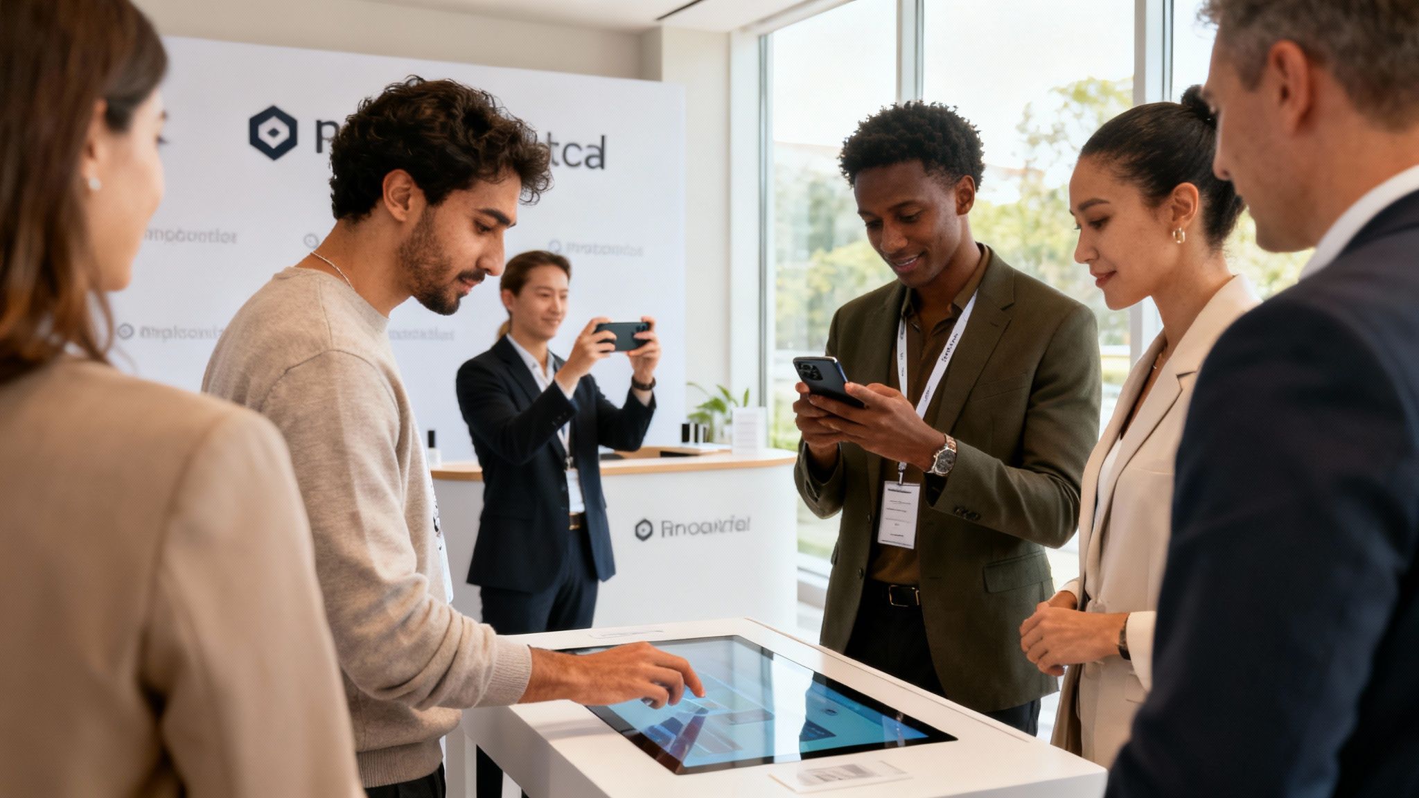 Professionals engage with an interactive display and smartphones at a modern product launch tech event.