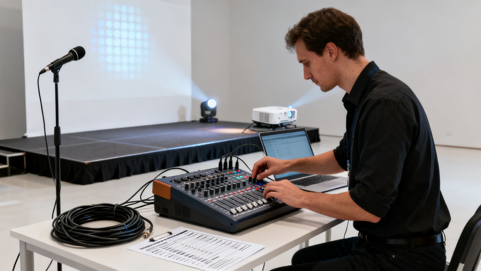 A sound engineer adjusts a mixer and laptop at an event setup with a stage and projector.