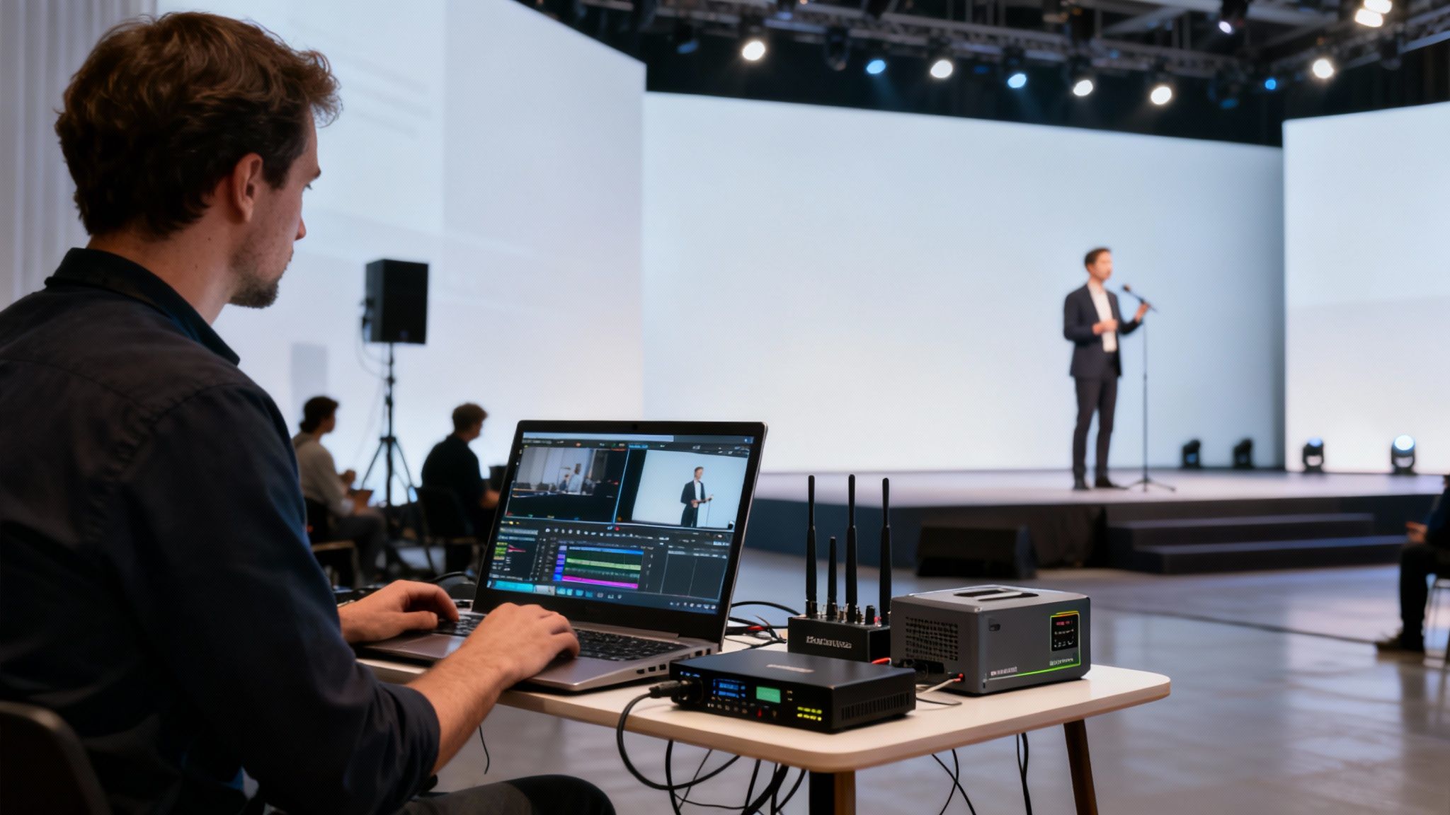Technician operates a laptop and broadcast equipment for a live event with a speaker on stage.
