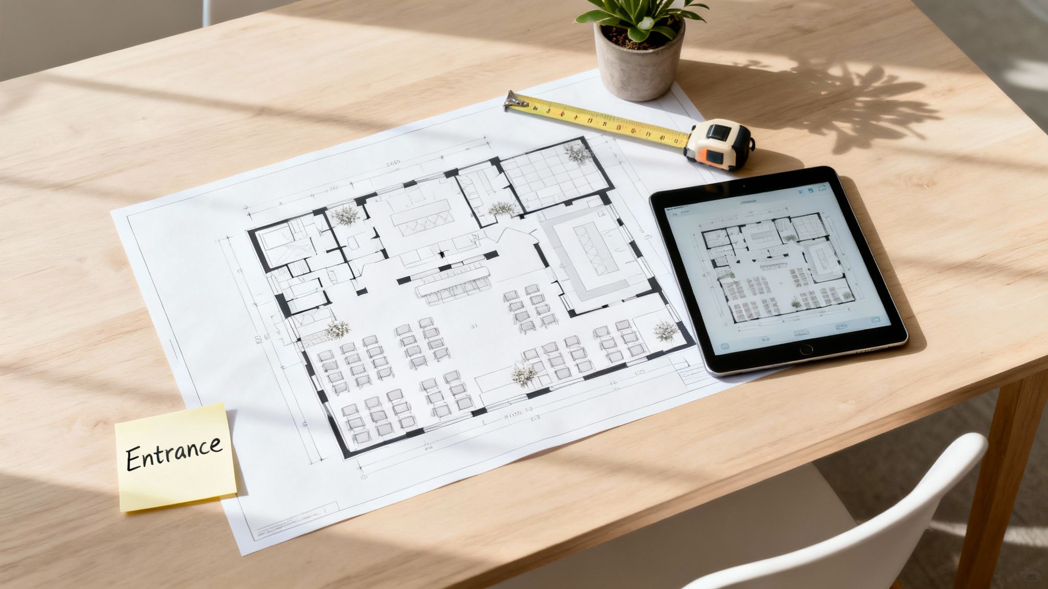 Overhead view of a desk with an architectural floor plan, tablet displaying a plan, measuring tape, and potted plant.
